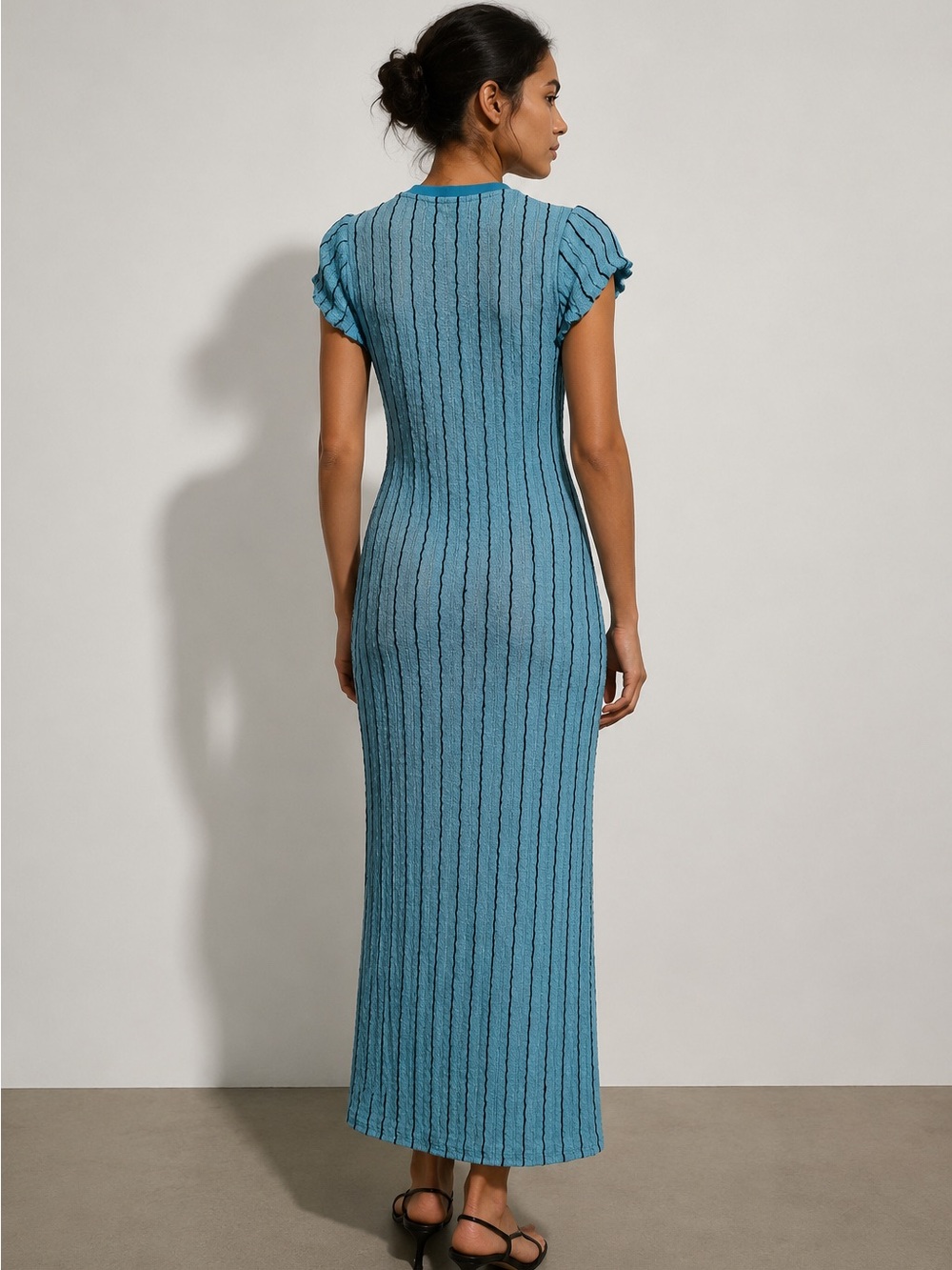 NWOT Aqua Blue Textured Stripe Maxi / Midi Dress Stretch Crinkle Knit Bodycon - Picture 3 of 9